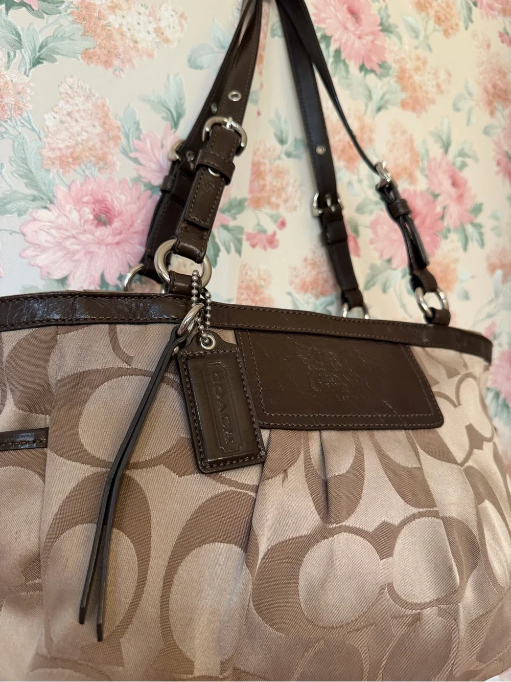 Coach Beige and Brown Signature Canvas Shoulder Bag